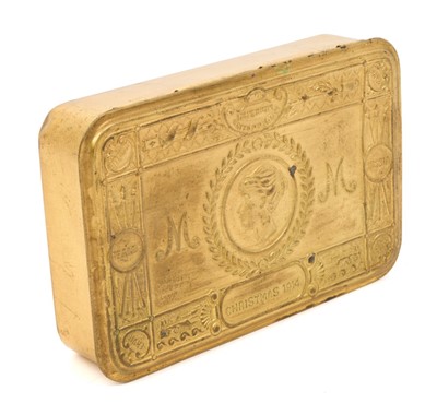 Lot 121 - First World War Princess Mary Gift tin with original contents comprising Christmas card, photograph of Princess Mary, tobacco packet and rare tinder lighter by Asprey, London.