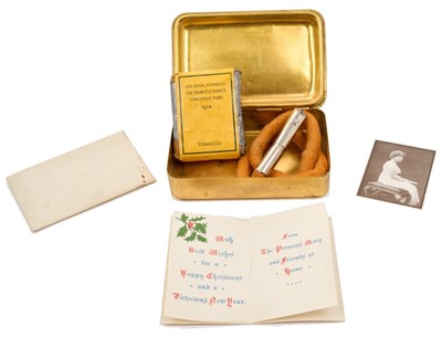 Lot 121 - First World War Princess Mary Gift tin with original contents comprising Christmas card, photograph of Princess Mary, tobacco packet and rare tinder lighter by Asprey, London.