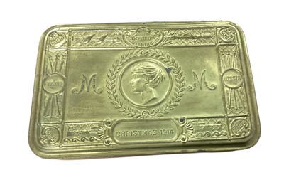 Lot 121 - First World War Princess Mary Gift tin with original contents comprising Christmas card, photograph of Princess Mary, tobacco packet and rare tinder lighter by Asprey, London.