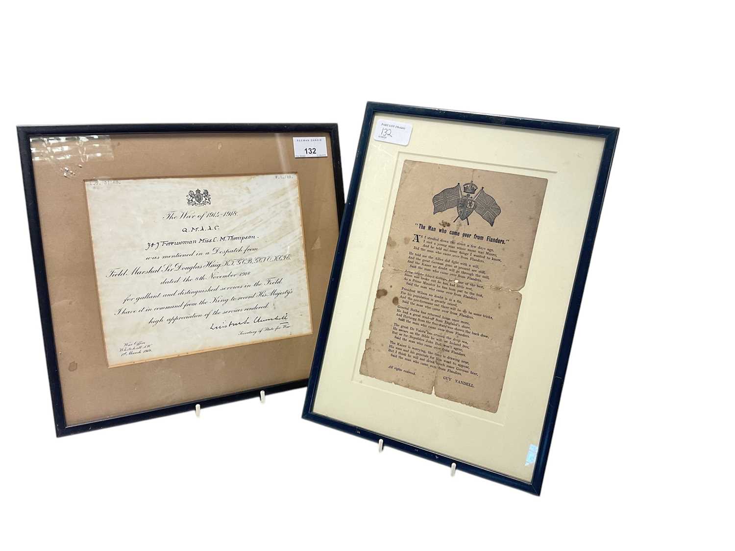 Lot 132 - First World War Mentioned in Despatches (M.I.D.) citation dated 8th November 1918, named to Q.M.A.A.C. 343 Forewoman Miss L. M. Thompson, mounted in a glazed frame, together with a First World W...