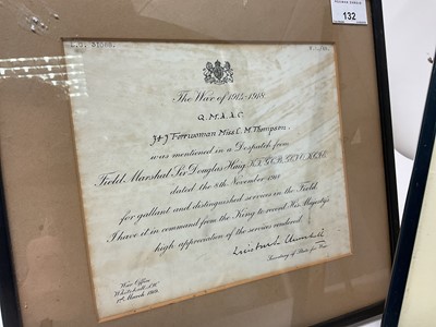 Lot 132 - First World War Mentioned in Despatches (M.I.D.) citation dated 8th November 1918, named to Q.M.A.A.C. 343 Forewoman Miss L. M. Thompson, mounted in a glazed frame, together with a First World W...