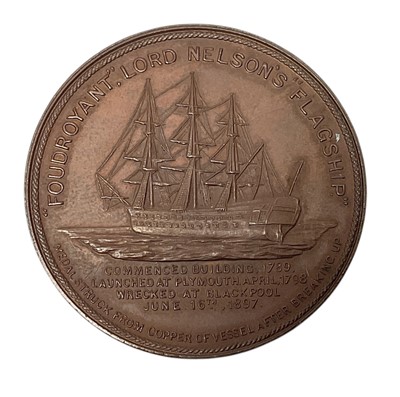 Lot 64 - Victorian bronze medal commemorating the wreck of HMS 'Foudroyant' dated 1897, obverse with portrait of Nelson, reverse with wreck of Foudroyant, 38mm in diameter, in velvet lined fitted case wi...