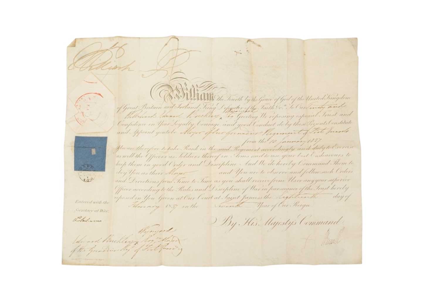 Lot 88 - H.M. King William IV, signed military commission appointing Edward Buckley Wynyard a Major in the Grenadier Regiment of Foot Guards, 10th January 1837