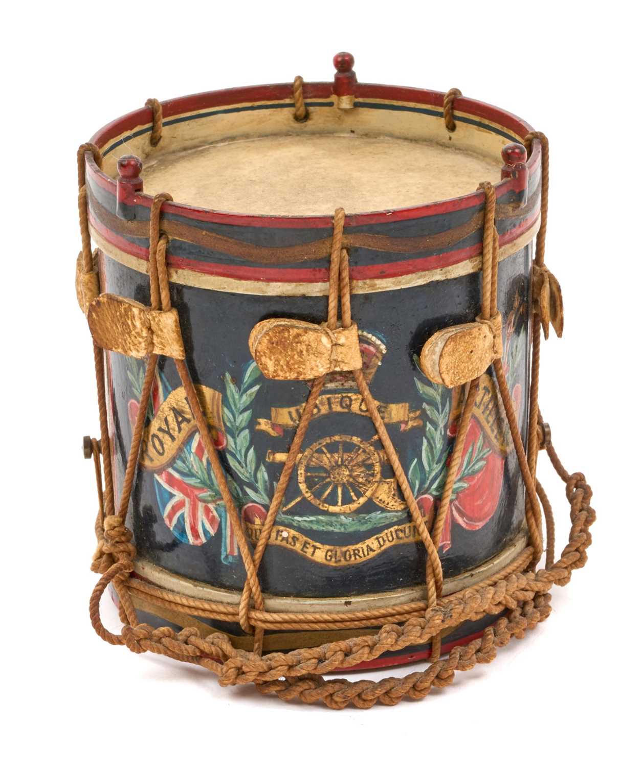 Lot 123 - Good quality early 20th century miniature Royal Artillery regimental drum with hand painted regimental badge and flags,7.9cm in overall height.