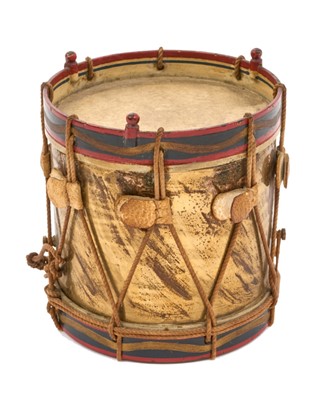 Lot 123 - Good quality early 20th century miniature Royal Artillery regimental drum with hand painted regimental badge and flags,7.9cm in overall height.