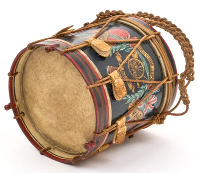Lot 123 - Good quality early 20th century miniature Royal Artillery regimental drum with hand painted regimental badge and flags,7.9cm in overall height.