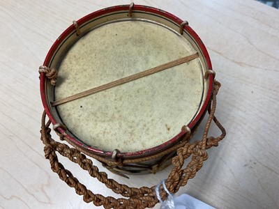 Lot 123 - Good quality early 20th century miniature Royal Artillery regimental drum with hand painted regimental badge and flags,7.9cm in overall height.