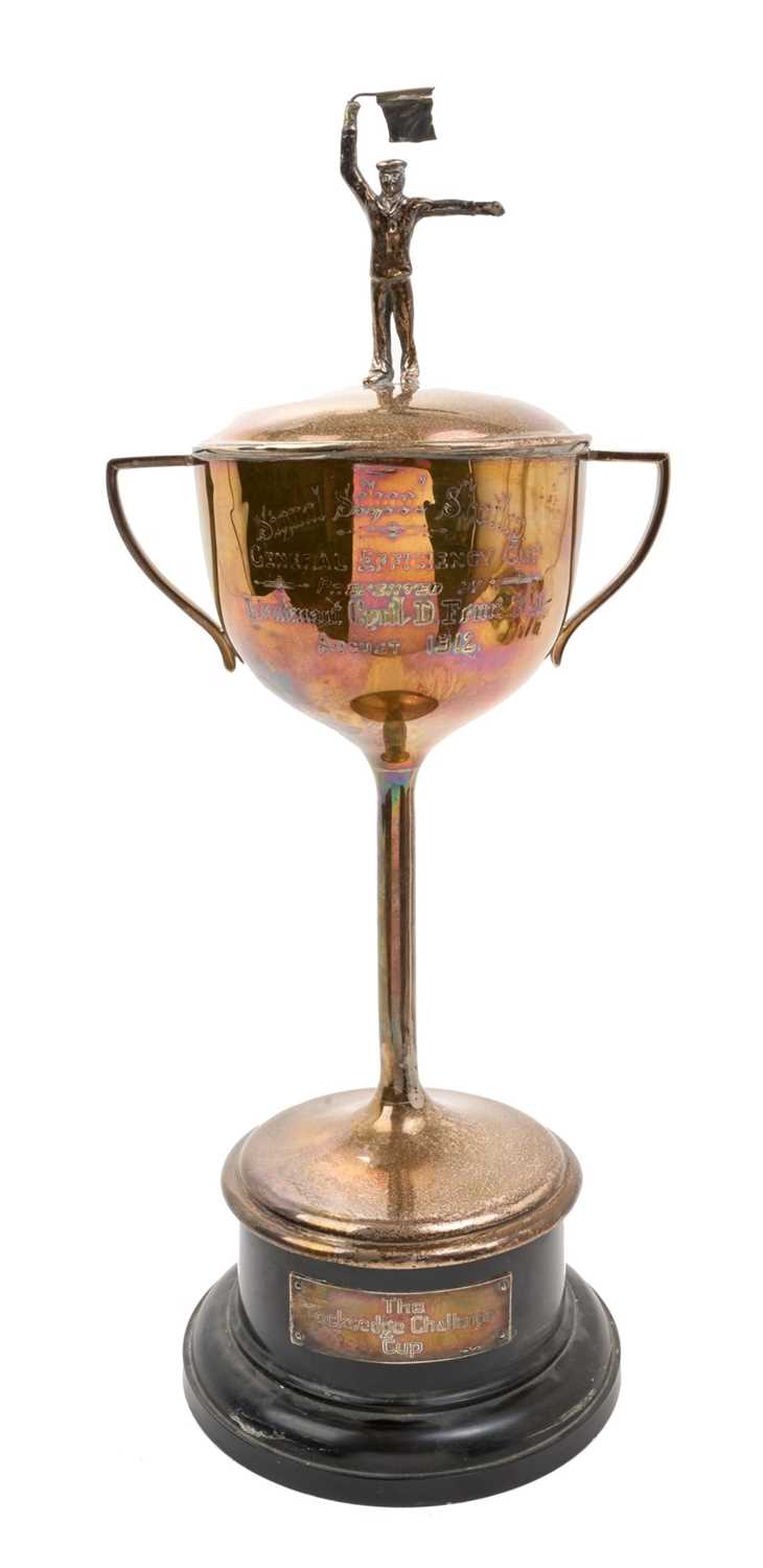 Lot 125 - George V silver trophy cup with engraved presentation inscription "Signal School Shotley General Efficiency Cup Presented by Lieutenant Cyril D. Fenn R.N. August 1912" and cover with figural kno...