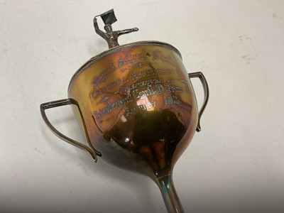 Lot 125 - George V silver trophy cup with engraved presentation inscription "Signal School Shotley General Efficiency Cup Presented by Lieutenant Cyril D. Fenn R.N. August 1912" and cover with figural kno...