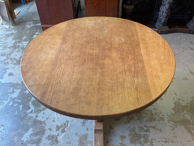 Lot 1513 - Robert 'Mouseman' Thompson oak breakfast table, with circular adzed top on quatreform pedestal base, 107cm diameter x 74cm high