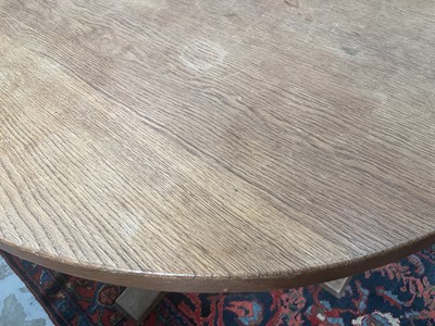 Lot 1513 - Robert 'Mouseman' Thompson oak breakfast table, with circular adzed top on quatreform pedestal base, 107cm diameter x 74cm high