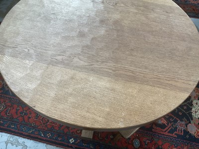 Lot 1513 - Robert 'Mouseman' Thompson oak breakfast table, with circular adzed top on quatreform pedestal base, 107cm diameter x 74cm high