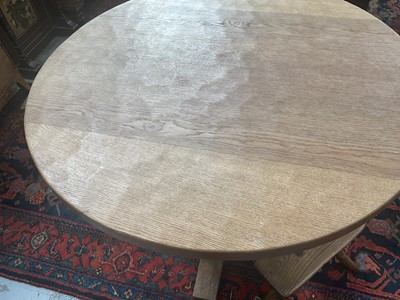 Lot 1513 - Robert 'Mouseman' Thompson oak breakfast table, with circular adzed top on quatreform pedestal base, 107cm diameter x 74cm high