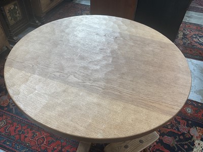 Lot 1513 - Robert 'Mouseman' Thompson oak breakfast table, with circular adzed top on quatreform pedestal base, 107cm diameter x 74cm high