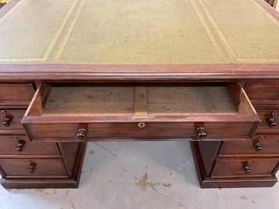 Lot 1512 - Early Victorian mahogany partners desk, with leather inset top and nine drawers to the kneehole with three drawers and twin cupboards to opposing kneehole, on plinth bases, 152cm wide x 99cm dee...