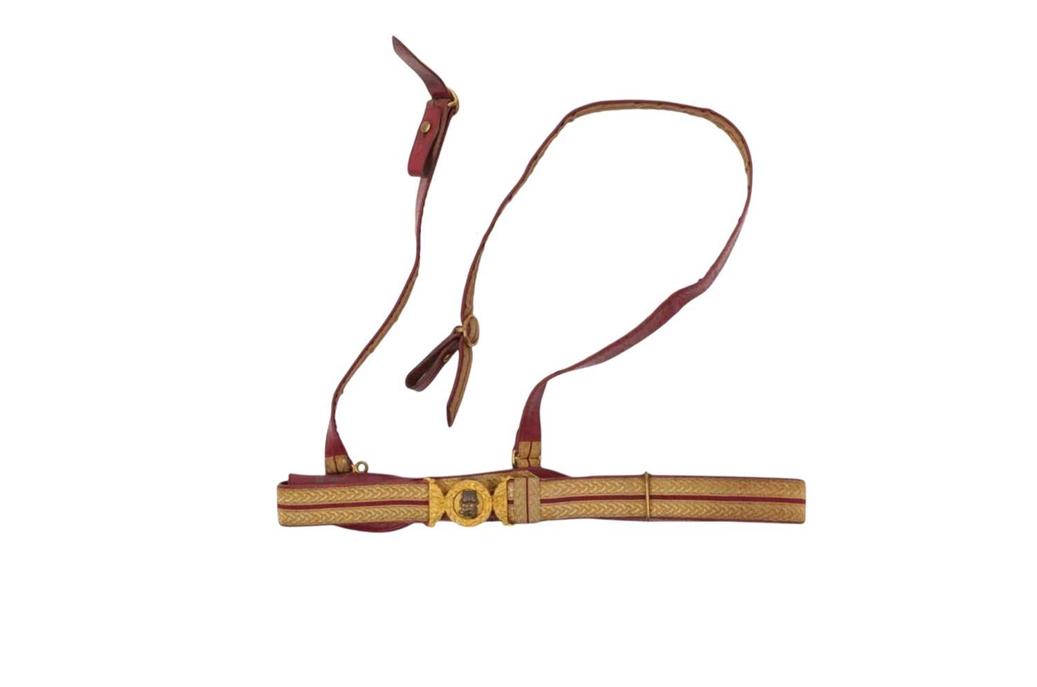 Lot 96 - Victorian General Staff Officer's dress belt with ormolu buckle, gold bullion lace on red ground with sword slings by Hobson & Sons, London. Provenance: General Wynyard.