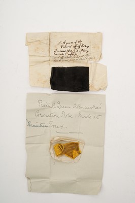 Lot 98 - Of Royal interest, a very rare piece of fine black silk velvet in original paper wrapping inscribed in ink ' A piece of the velvet off King James II of Englands coffin. Cut off when I was at the...