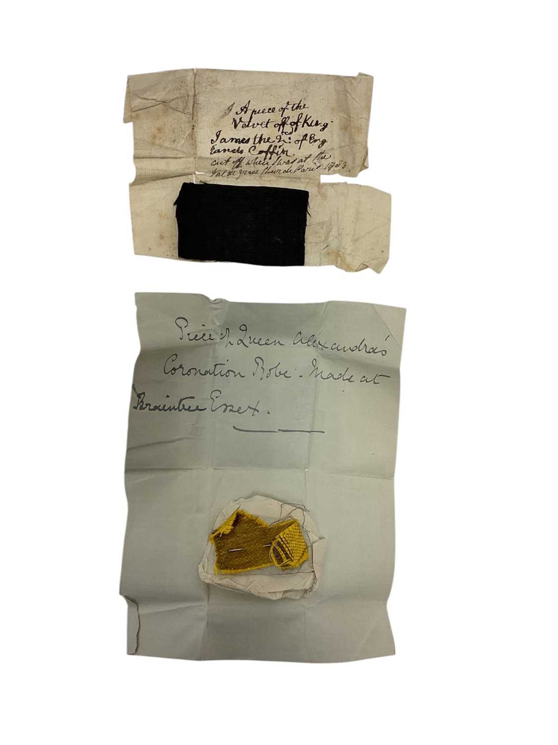 Lot 98 - Of Royal interest, a very rare piece of fine black silk velvet in original paper wrapping inscribed in ink ' A piece of the velvet off King James II of Englands coffin. Cut off when I was at the...