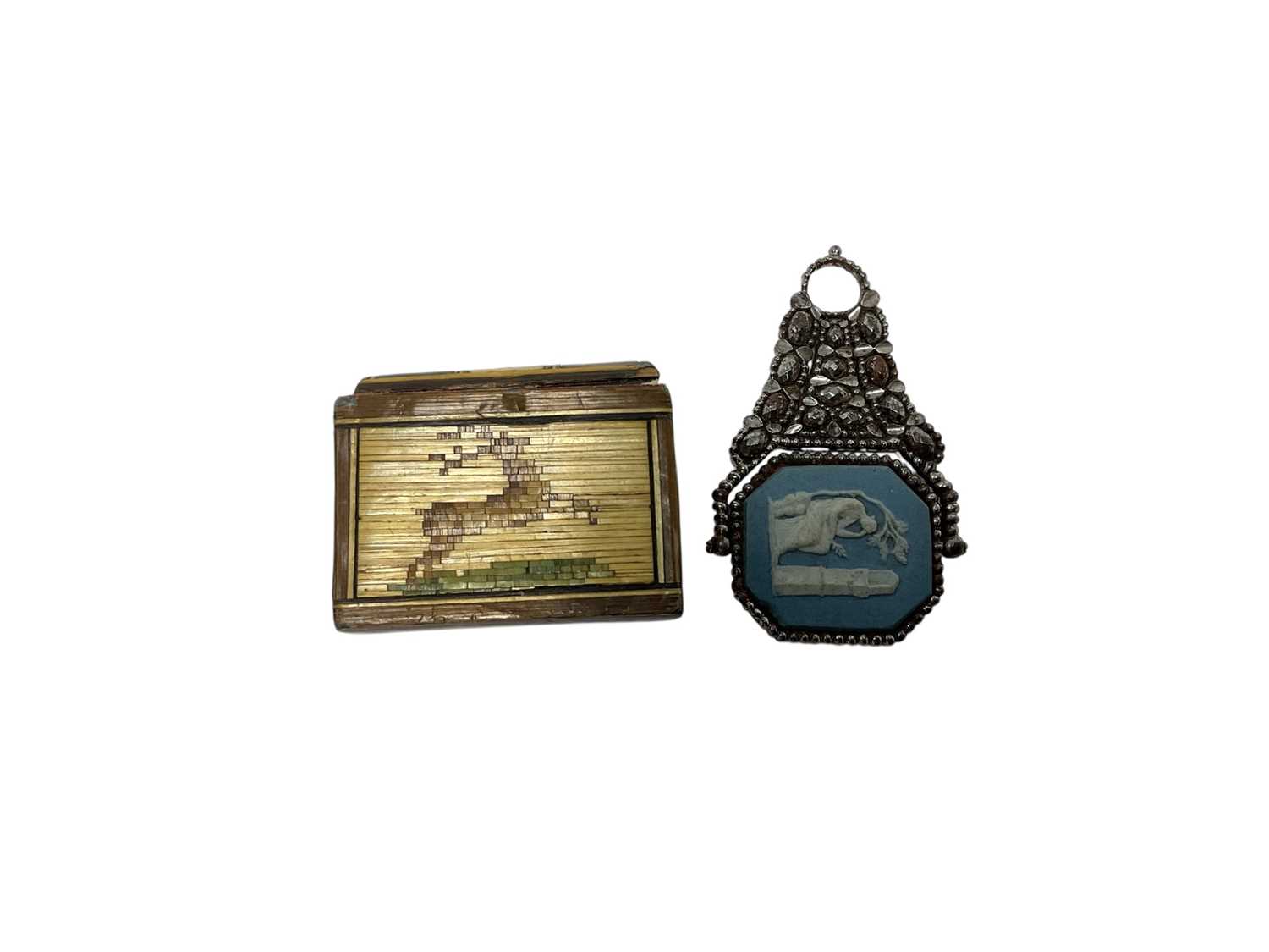 Lot 99 - Georgian cut steel fob with inset blue Jasper ware plaque depicting a classical scene and early 19th century straw work miniature book containg a pack of miniature playing cards by G.L.Wust, Fra...