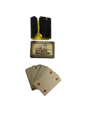 Lot 99 - Georgian cut steel fob with inset blue Jasper ware plaque depicting a classical scene and early 19th century straw work miniature book containg a pack of miniature playing cards by G.L.Wust, Fra...