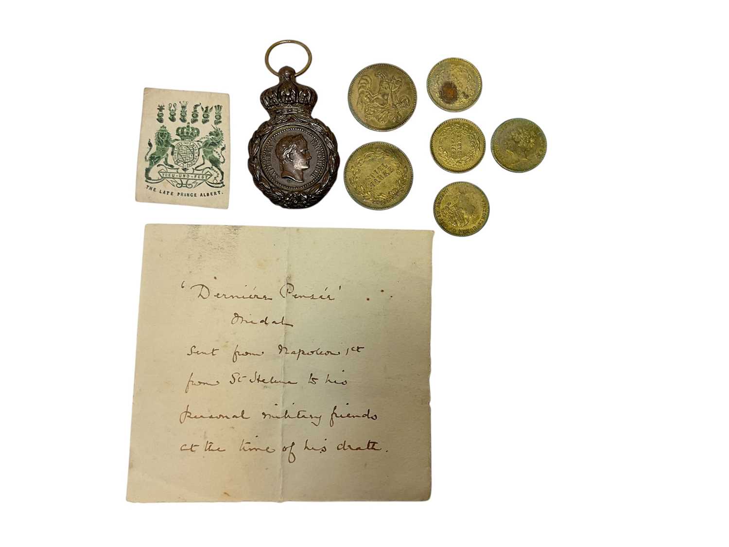Lot 100 - 19th century French St Helena medal, created in 1857 by Napoleon III for issue to surviving soldiers of Napoleon Bonaparte's army and lot old coins