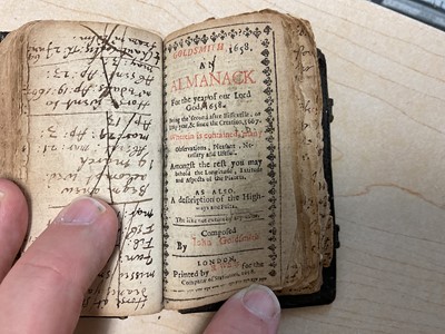 Lot 70 - 17th century Goldsmith's pocket Almanack dated 1658, in original tooled leather binding, a fascinating printed and handwritten account of the daily life of the owner ( apparently un-named) It men...