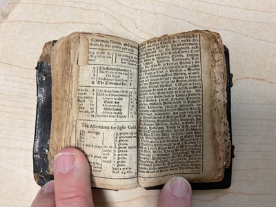 Lot 70 - 17th century Goldsmith's pocket Almanack dated 1658, in original tooled leather binding, a fascinating printed and handwritten account of the daily life of the owner ( apparently un-named) It men...
