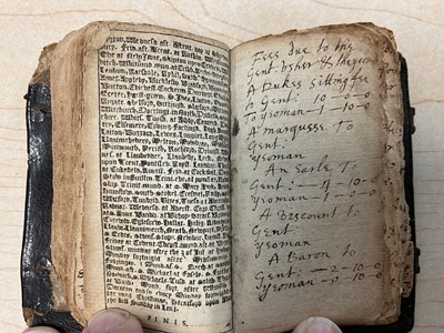 Lot 70 - 17th century Goldsmith's pocket Almanack dated 1658, in original tooled leather binding, a fascinating printed and handwritten account of the daily life of the owner ( apparently un-named) It men...