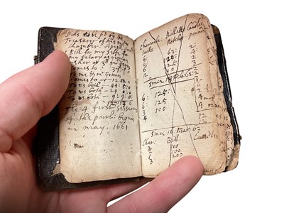 Lot 70 - 17th century Goldsmith's pocket Almanack dated 1658, in original tooled leather binding, a fascinating printed and handwritten account of the daily life of the owner ( apparently un-named) It men...