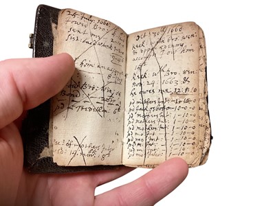 Lot 70 - 17th century Goldsmith's pocket Almanack dated 1658, in original tooled leather binding, a fascinating printed and handwritten account of the daily life of the owner ( apparently un-named) It men...