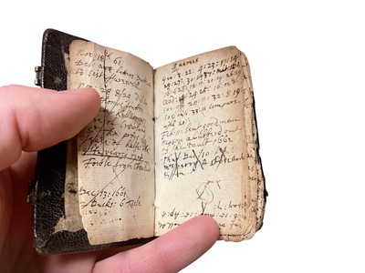 Lot 70 - 17th century Goldsmith's pocket Almanack dated 1658, in original tooled leather binding, a fascinating printed and handwritten account of the daily life of the owner ( apparently un-named) It men...