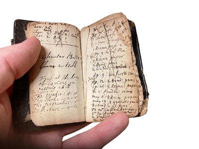 Lot 70 - 17th century Goldsmith's pocket Almanack dated 1658, in original tooled leather binding, a fascinating printed and handwritten account of the daily life of the owner ( apparently un-named) It men...
