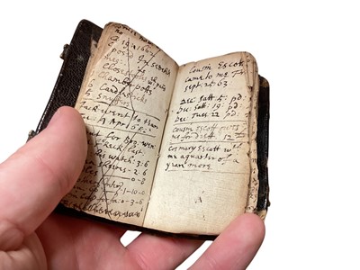 Lot 70 - 17th century Goldsmith's pocket Almanack dated 1658, in original tooled leather binding, a fascinating printed and handwritten account of the daily life of the owner ( apparently un-named) It men...