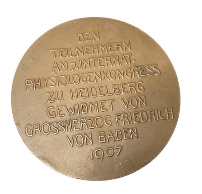 Lot 107 - Early 20th century bronze German medal / medallion to commemorate The International Physiological Congress in Heidelberg, 1907, presented by Grand Duke Friedrich of Baden, 61mm diameter