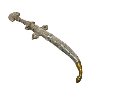 Lot 139 - Early 20th century Indo Persian Khanjar dagger, with white covered metal scabbard and grip and curved steel blade, blade 23.5cm in length.