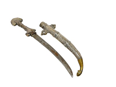 Lot 139 - Early 20th century Indo Persian Khanjar dagger, with white covered metal scabbard and grip and curved steel blade, blade 23.5cm in length.