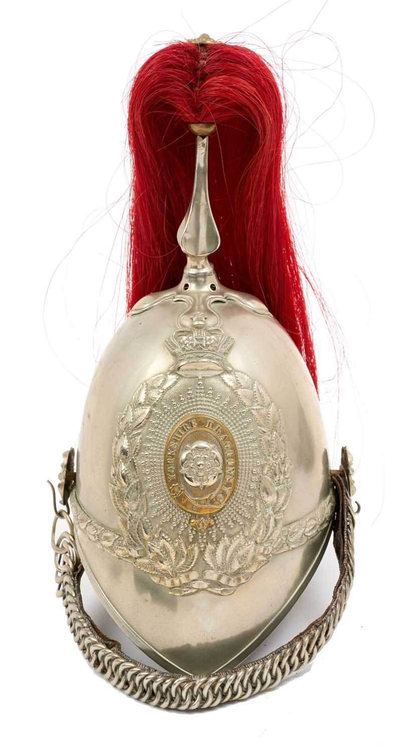 Lot 109 - Victorian 1871 Pattern Yorkshire Dragoons trumpeters helmet with white metal skull with ornate bi-metal helmet plate, original chinchains and leather liner, red horse hair plume (denoting for th...