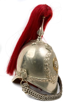 Lot 109 - Victorian 1871 Pattern Yorkshire Dragoons trumpeters helmet with white metal skull with ornate bi-metal helmet plate, original chinchains and leather liner, red horse hair plume (denoting for th...