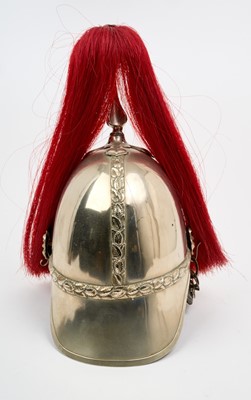 Lot 109 - Victorian 1871 Pattern Yorkshire Dragoons trumpeters helmet with white metal skull with ornate bi-metal helmet plate, original chinchains and leather liner, red horse hair plume (denoting for th...