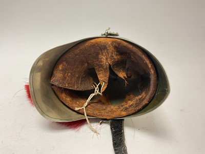 Lot 109 - Victorian 1871 Pattern Yorkshire Dragoons trumpeters helmet with white metal skull with ornate bi-metal helmet plate, original chinchains and leather liner, red horse hair plume (denoting for th...