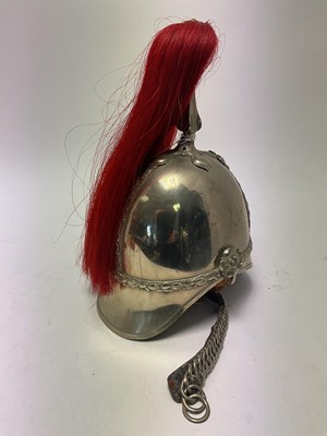 Lot 109 - Victorian 1871 Pattern Yorkshire Dragoons trumpeters helmet with white metal skull with ornate bi-metal helmet plate, original chinchains and leather liner, red horse hair plume (denoting for th...