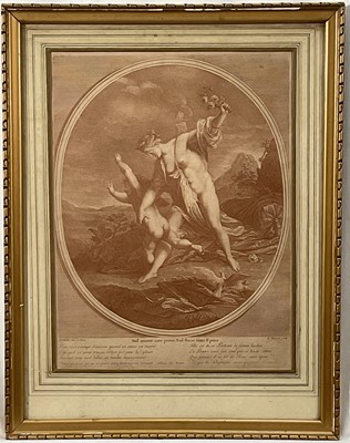 Lot 37 - 18th century, circa 1760, French engraving "Nul amour sans peine", R Lepicier after J.M. Nattier in sanguine colours, glazed gilt frame