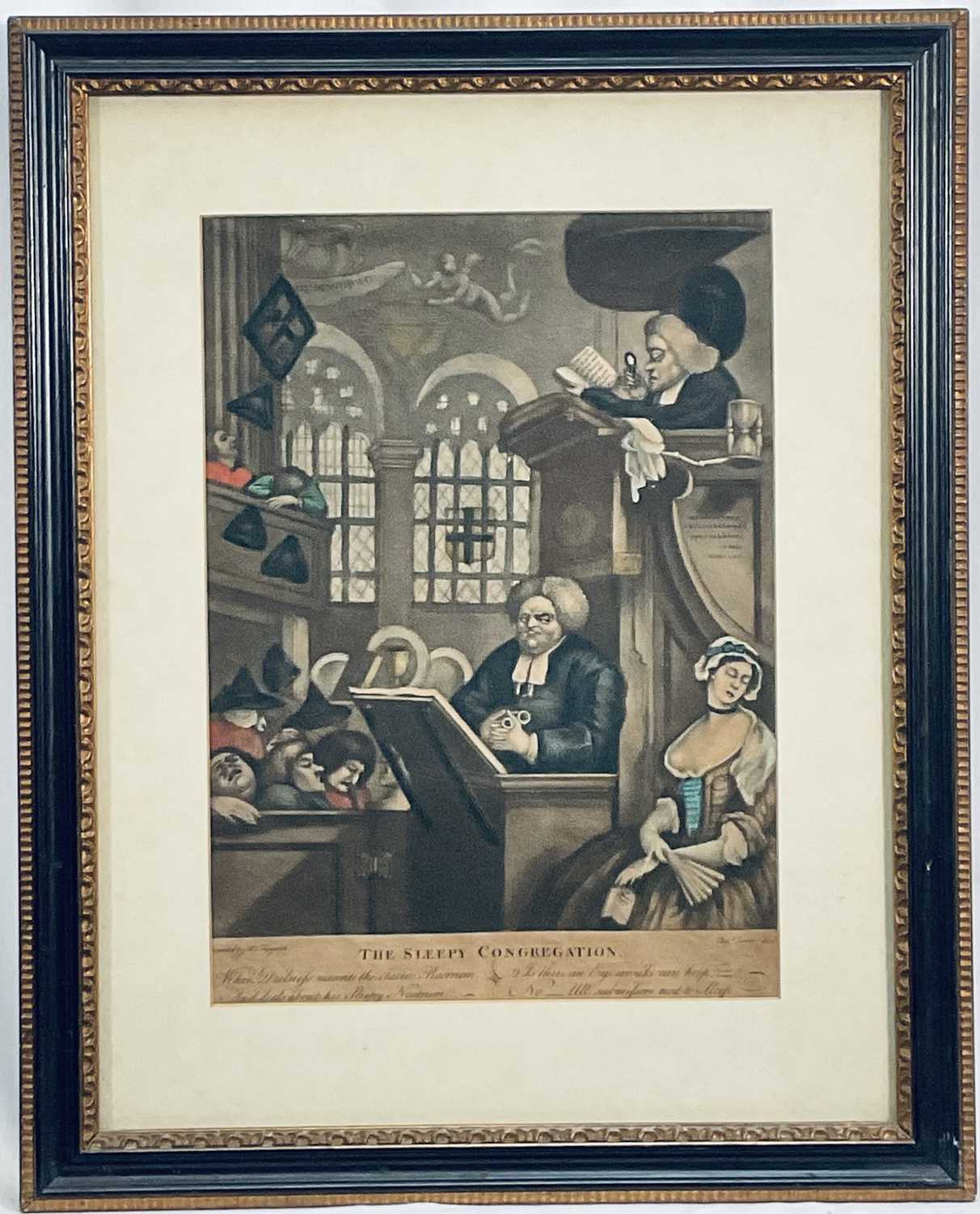 Lot 89 - 18th century hand-coloured mezzotint "The Sleepy Congregation", Corbet after Hogarth c1772 (originally Purcell after Hogarth 1736), F&G