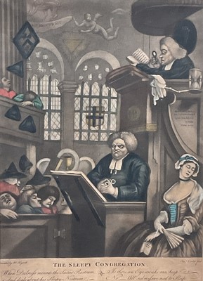 Lot 89 - 18th century hand-coloured mezzotint "The Sleepy Congregation", Corbet after Hogarth c1772 (originally Purcell after Hogarth 1736), F&G