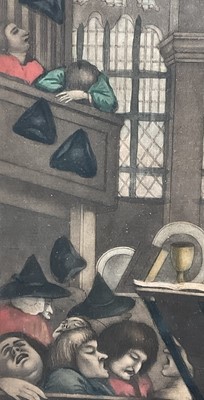 Lot 89 - 18th century hand-coloured mezzotint "The Sleepy Congregation", Corbet after Hogarth c1772 (originally Purcell after Hogarth 1736), F&G
