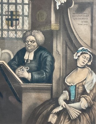 Lot 89 - 18th century hand-coloured mezzotint "The Sleepy Congregation", Corbet after Hogarth c1772 (originally Purcell after Hogarth 1736), F&G