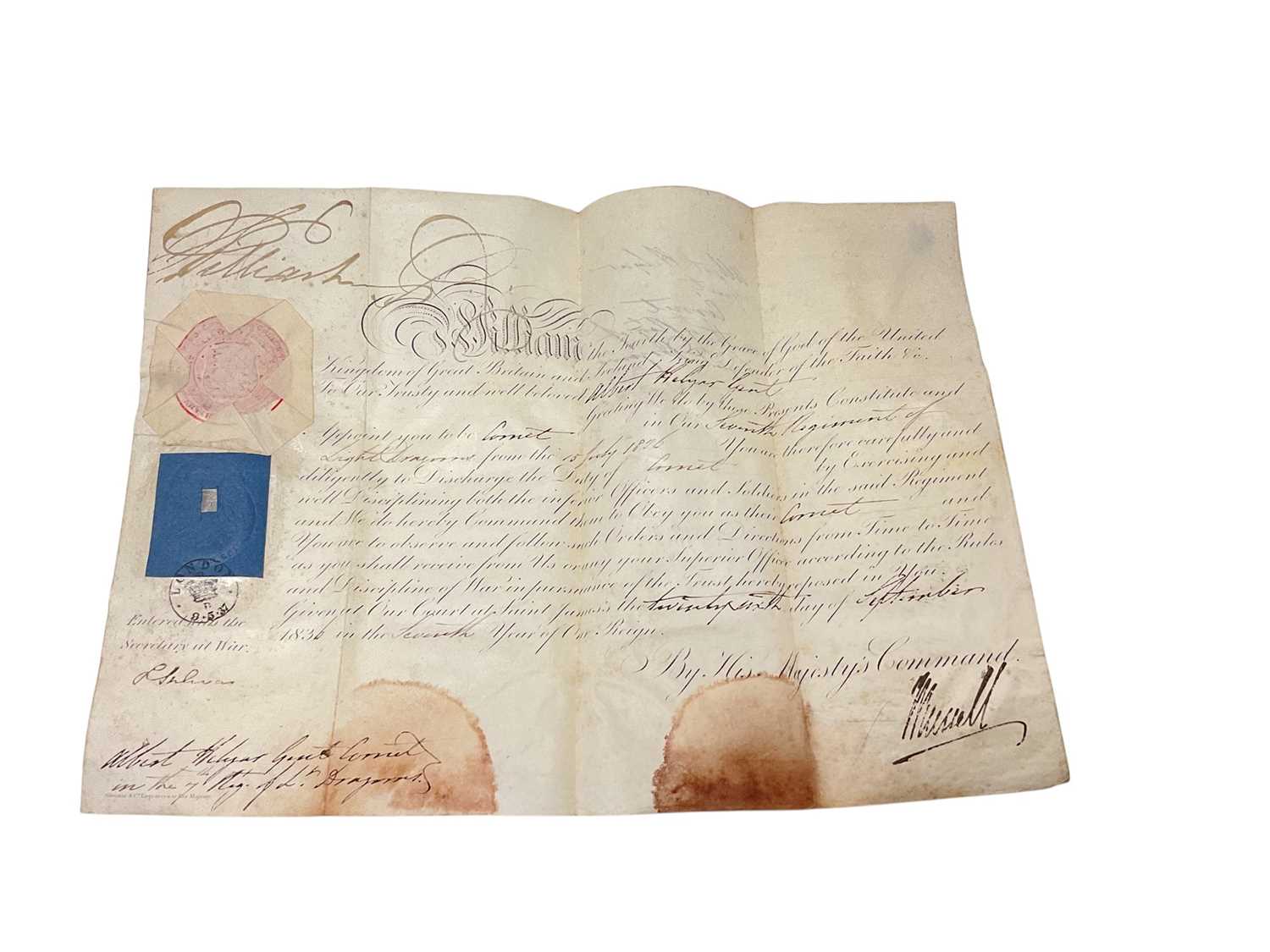 Lot 130 - H.M. King William IV signed military commission document, appointing Albert Hughes as Cornet in the 7th Regiment