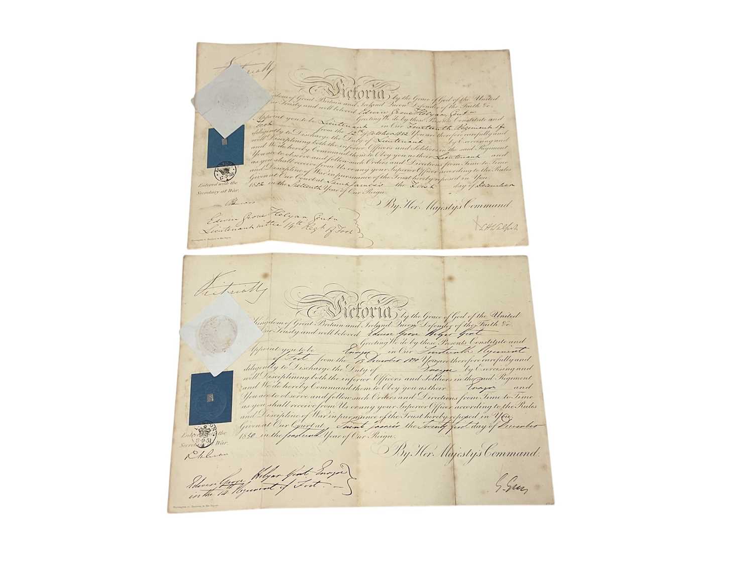 Lot 131 - H.M. Queen Victoria signed military commission document, appointing Edwin Grove Helyer as Ensign in the 14th Regiment of Foot, dated 13th December 1850.