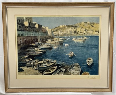Lot 1212 - Edward Seago (1910-1974) signed lithograph - The Port of Pinza, published by Frost & Reed 1960, blindtamp lower left, 49cm x 66cm, in glazed frame