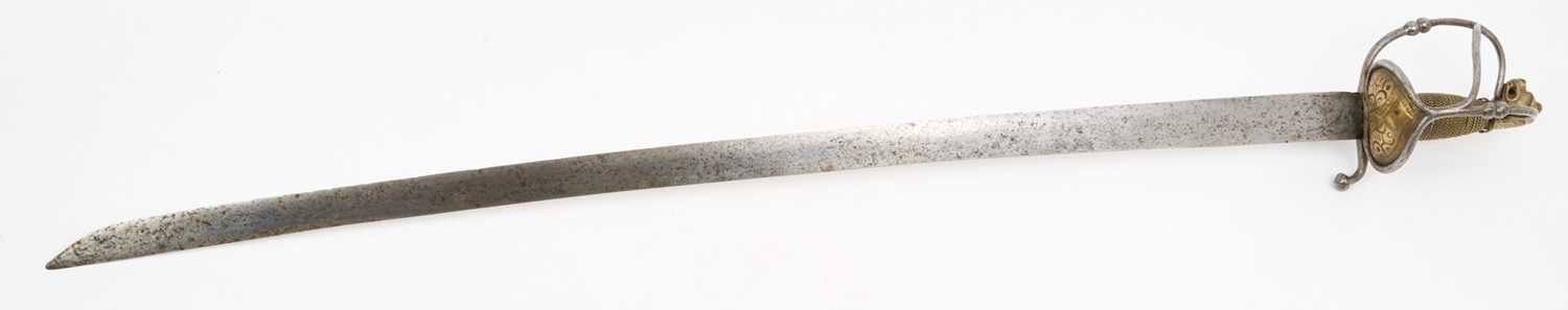 Lot 144 - Late 17th century Swiss Officer's sabre with brass lion's head pommel, steel and brass semi- basket guard with thumb ring, original wire bound grip, curved blade with armourers marks, the blade 85...